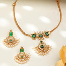 ZENEME Gold Plated AD Geometric Chandbali Pearl Drop Necklace with Matching Earring Jewellery Set For Women & Girls Gold Toned Necklace Set For Woman