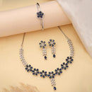 ZENEME Set of 3 Rhodium Plated AD Floral Fringe Bracelets & Necklace Set Jewellery Set For Women & Girls Silver Toned