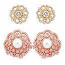 Rhodium Plated Round Swirl Floral Stud Earrings Set of 2 Pairs for Women & Girls