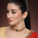ZENEME Gold Toned Brass CZ Choker Necklace Set for Women Traditional Stone Beaded Green Stone Jewellery Set with Matching Earrings