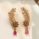 Gold Plated Peacock Leaf Vine Pink Drop Ear Cuff Earrings for Women & Girls