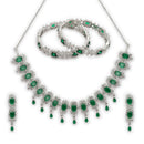 ZENEME Rhodium Plated Green American Diamond Double Halo Floral Fringe Necklace Set with Earrings & Set of 2 Bangles for Women & Girls