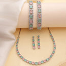 ZENEME Rhodium Plated Pink & Green American Diamond Pastel Square-Cut Tennis Line Necklace Set with Earrings & Set of 2 Bangles for Women & Girls