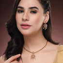 ZENEME Gold Plated AD Pearl Drop Traditional Floral Medallion Necklace Set with Matching Earring Jewellery Set For Women & Girls