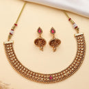 ZENEME Gold Plated Temple Necklace Earrings Set for Women Traditional Temple Heart Motif with Red & Green Gold Toned CZ Stones Jewellery Set For Girls