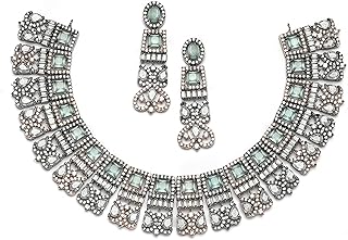Rose Gold-Plated Gunmetal Toned Sea Green American Diamonds Studded Choker Necklace & Earrings Jewellery Set