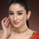 ZENEME Gold Toned Brass CZ Choker Necklace Set for Women Traditional Stone Beaded Red Stone Jewellery Set with Matching Earrings