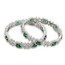 ZENEME Rhodium Plated Green American Diamond Double Halo Floral Fringe Necklace Set with Earrings & Set of 2 Bangles for Women & Girls