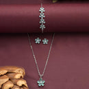 ZENEME Set of 3 Rhodium Plated AD Floral Fringe Bracelets & Necklace Set Jewellery Set For Women & Girls Silver Toned