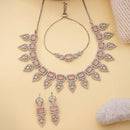 ZENEME Set of 3 Rhodium Plated AD Crystal Leaf Fringe Necklace Set & Wraparound Bracelet Jewellery Set For Women & Girls Silver Toned
