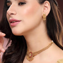 ZENEME Gold Plated Temple Necklace Earrings Set for Women Traditional Temple Heart Motif with Red & Green Gold Toned CZ Stones Jewellery Set For Girls