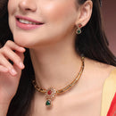 ZENEME Gold Plated AD Dual Teardrop Sunburst Necklace with Matching Earring Jewellery Set For Women & Girls Gold Toned Necklace Set For Woman