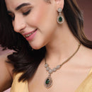ZENEME Gold Plated AD Emerald Teardrop Floral Halo Necklace with Matching Earring Jewellery Set For Women & Girls Gold Toned Necklace Set For Woman