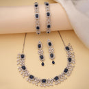 ZENEME Rhodium Plated Blue American Diamond Teardrop Halo Floral Fringe Necklace Set with Earrings & Set of 2 Bangles for Women & Girls