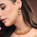 ZENEME Gold Toned Pink Stone Studded Kundan Style Choker Necklace Set with Pearl Drop Jhumka Earrings for Women & Girls