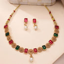 ZENEME Gold Plated AD Dual Teardrop Sunburst Necklace with Matching Earring Jewellery Set For Women & Girls Gold Toned Necklace Set For Woman