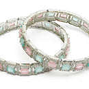 ZENEME Set of 2 Rhodium Plated Green Square Crystal AD Bangles for Women & Girls (2.4)
