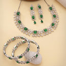 ZENEME Rhodium Plated Green American Diamond Rectangular Halo Floral Fringe Necklace Set with Earrings & Set of 2 Bangles for Women & Girls