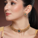 ZENEME Gold Toned Brass CZ Choker Necklace Set for Women Traditional Stone Beaded Green Stone Jewellery Set with Matching Earrings