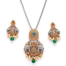 Oxidised Gold Plated Deer Shaped Green Stone Studded & Pearl Beaded Pendant Jewellery Set