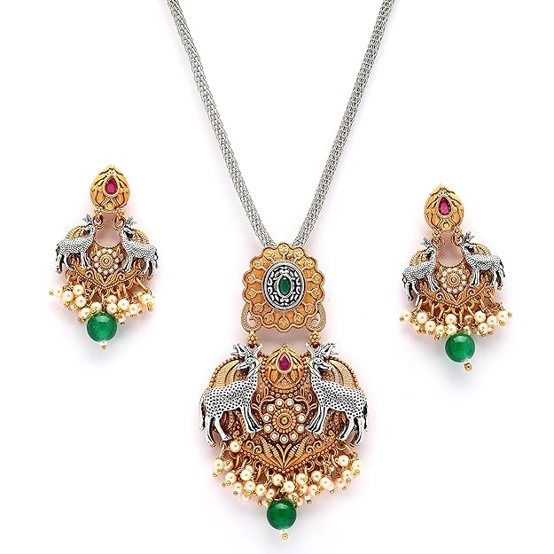 Oxidised Gold Plated Deer Shaped Green Stone Studded & Pearl Beaded Pendant Jewellery Set