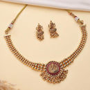 ZENEME Gold Plated Temple Necklace Earrings Set for Women Traditional Temple Heart Motif with Red & Green Gold Toned CZ Stones Jewellery Set For Girls