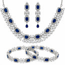 ZENEME Rhodium Plated Blue American Diamond Teardrop Halo Floral Fringe Necklace Set with Earrings & Set of 2 Bangles for Women & Girls