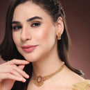 ZENEME Gold Plated Temple Necklace Earrings Set for Women Traditional Temple Heart Motif with Red & Green Gold Toned CZ Stones Jewellery Set For Girls