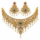 ZENEME Gold Plated AD Pearl Drop Floral Lattice Fringe Traditional Necklace Set with Matching Earring Jewellery Set For Women & Girls