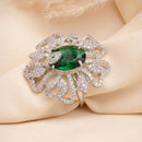 Rhodium Plated AD Green Crystal Statement Adjustable Ring for Women & Girls