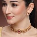 ZENEME Gold Toned Brass CZ Choker Necklace Set for Women Traditional Stone Beaded Red Stone Jewellery Set with Matching Earrings