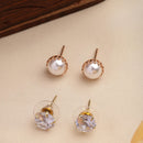 Gold Plated Crown Pearl & Solitaire Stud Earrings Set of 2 Pairs for Women & Girls