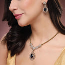 ZENEME Gold Plated AD Emerald Teardrop Floral Halo Necklace with Matching Earring Jewellery Set For Women & Girls Gold Toned Necklace Set For Woman