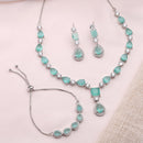 ZENEME Set of 3 Rhodium Plated AD Emerald Teardrop Halo Necklace Set & Bracelet For Woman
