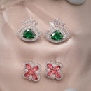 Rhodium Plated Four-Petal Flower & Triangle Leaf Stud Earrings for Women & Girls