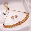 ZENEME Gold Toned Brass CZ Choker Necklace Set for Women Traditional Stone Beaded Red Stone Jewellery Set with Matching Earrings