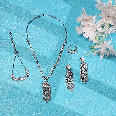 Rose Gold Plated Black Toned American Diamond Studded Detailed Design Pendant Combo Set With Adjustable Bracelet & Ring