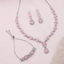 ZENEME Set of 3 Rhodium Plated AD Emerald Teardrop Halo Necklace Set & Bracelet For Woman