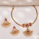 ZENEME Gold Plated AD Geometric Chandbali Pearl Drop Necklace with Matching Earring Jewellery Set For Women & Girls Gold Toned Necklace Set For Woman