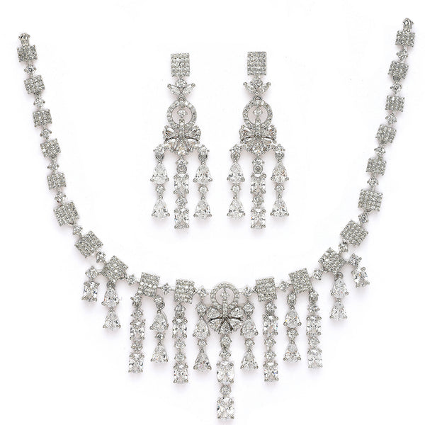 Rhodium Plated Silver Toned White American Diamond Studded Jewellery Set