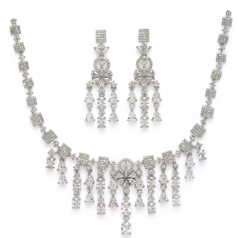 Rhodium Plated Silver Toned White American Diamond Studded Jewellery Set