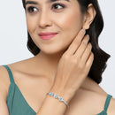 Rhodium-Plated Silver Toned Oval Shaped Blue American Diamond Studded Kada Bracelet