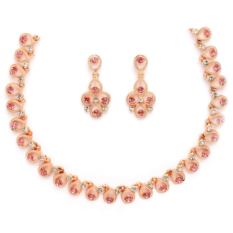 Rose Gold Plated Teardrop Shaped Pink Cubic Zirconia Studded Jewellery Set