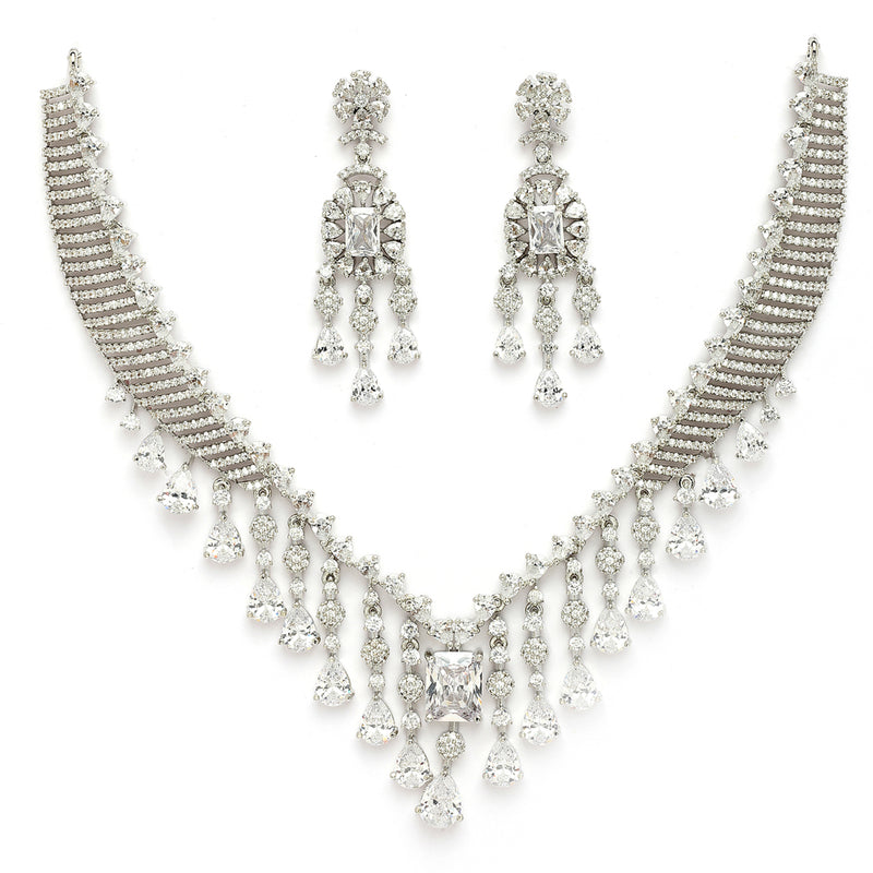 Rhodium Plated Silver Toned Teardrop Shaped White American Diamond Studded Jewellery Set