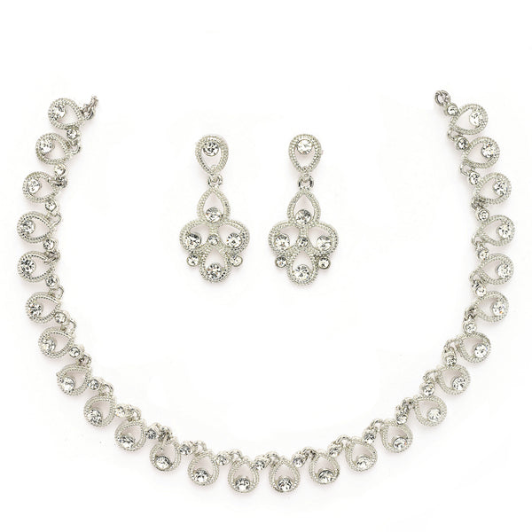 Rhodium Plated Silver Toned Teardrop Shaped White Cubic Zirconia Studded Jewellery Set