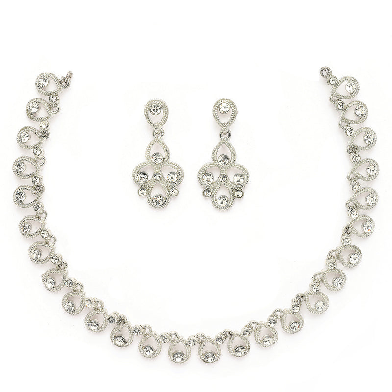 Rhodium Plated Silver Toned Teardrop Shaped White Cubic Zirconia Studded Jewellery Set