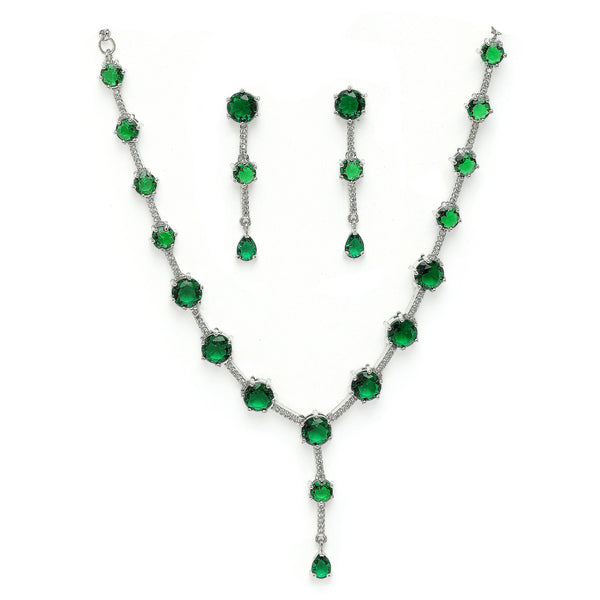 Rhodium Plated Silver Toned Circle Shaped Green American Diamond Studded Jewellery Set