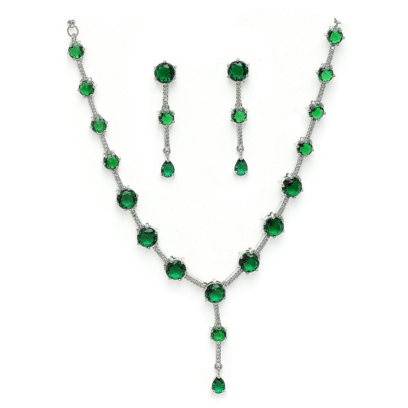 Rhodium Plated Silver Toned Circle Shaped Green American Diamond Studded Jewellery Set