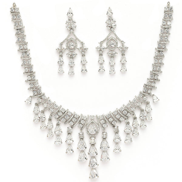 Rhodium Plated Silver Toned Teardrop Shaped White American Diamond Studded Jewellery Set