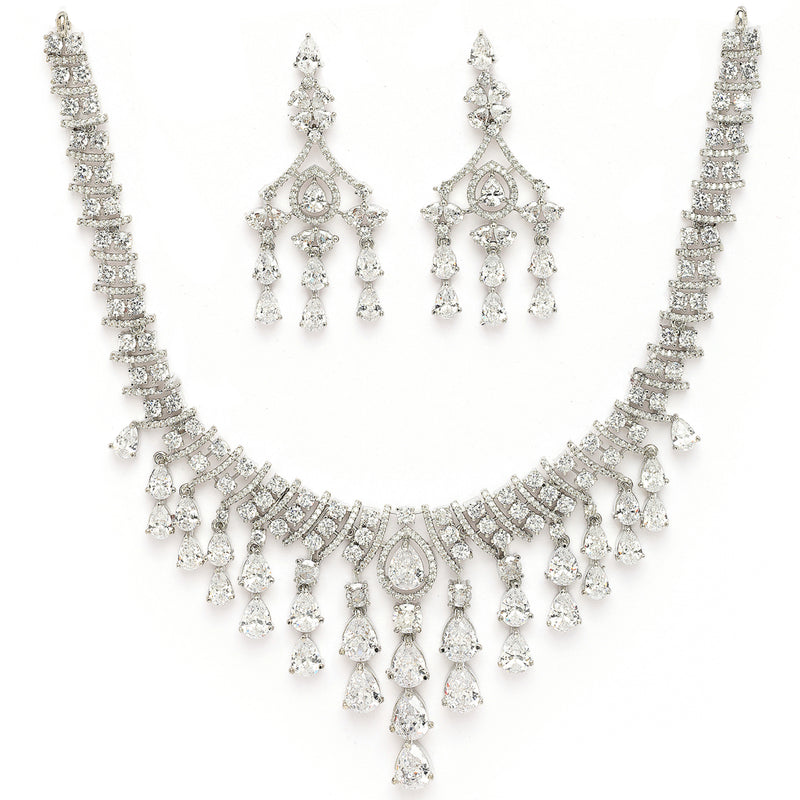 Rhodium Plated Silver Toned Teardrop Shaped White American Diamond Studded Jewellery Set